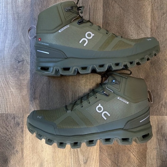 On Clouds Shoes - Women’s ON Cloudrock Waterproof Mid-Top Trail Sneakers — Olive Green Size 10